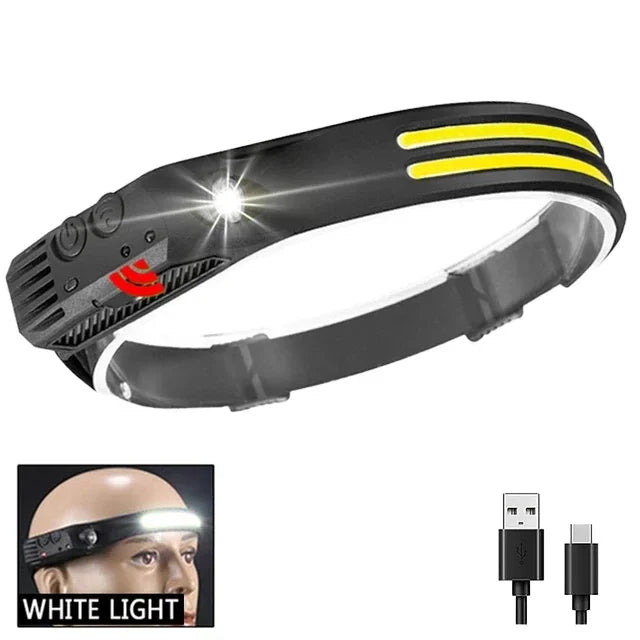 USB Rechargeable LED COB Headlamp | 5-Mode Waterproof Sensor Head Flashlight