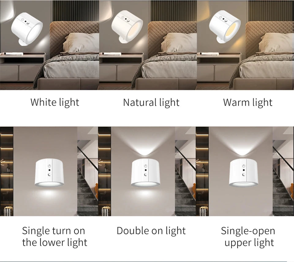 Touch Control LED Wall Sconce | 360° Rotatable Double Head 3-Color Bedroom Light