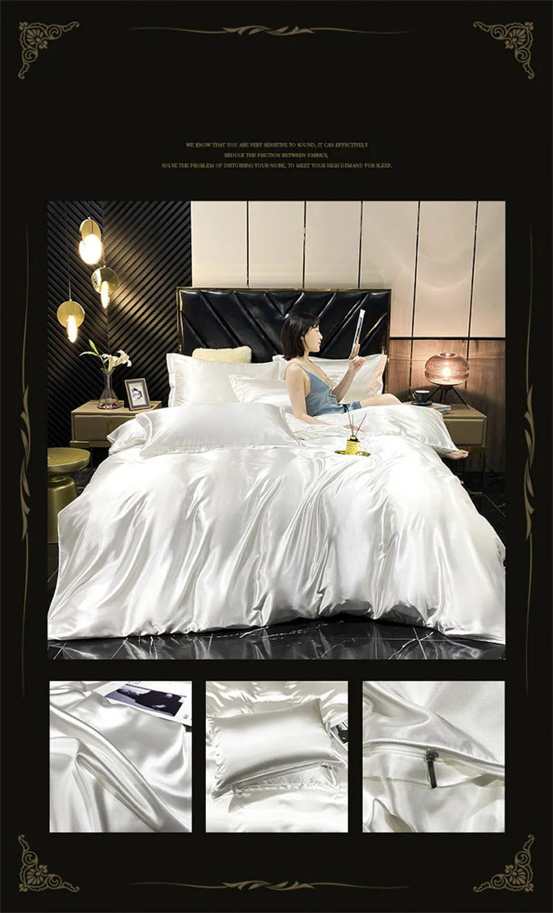 Natural Mulberry Silk Bedding Set | Luxury Satin Duvet Cover & Sheets King Queen