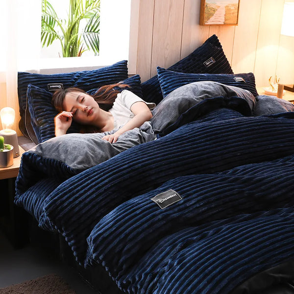 3PCS Winter Coral Fleece Bedding Set | Thick Duvet Cover & Pillowcase King Queen Twin