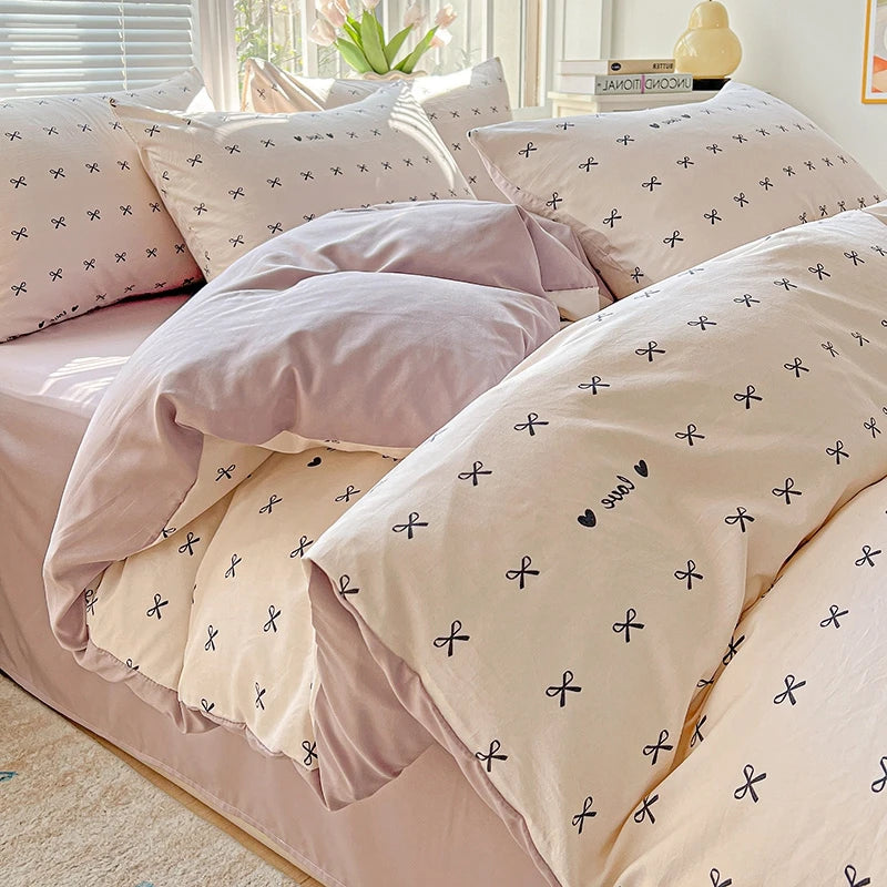 Washed Cotton Korean Floral Duvet Cover | Skin-Friendly Double Yarn Quilt Bedding