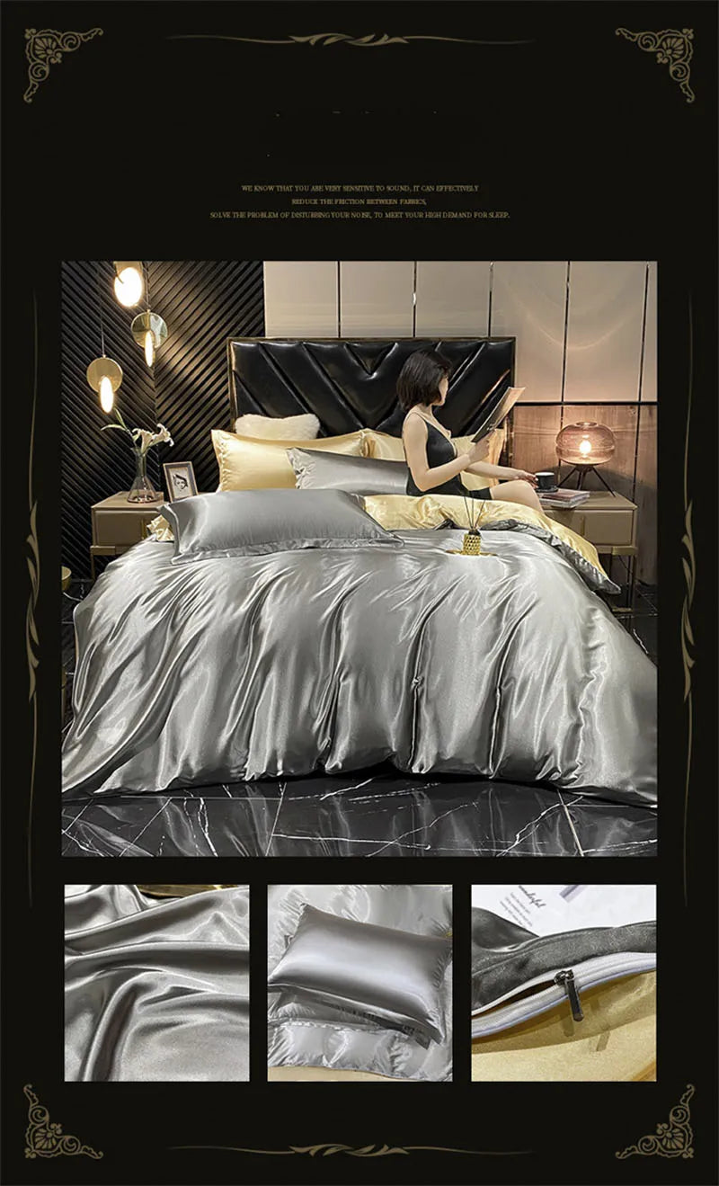 Natural Mulberry Silk Bedding Set | Luxury Satin Duvet Cover & Sheets King Queen