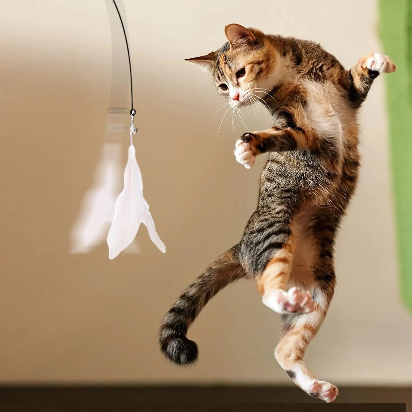 Interactive Cat Feather Wand Teaser | Bell & Suction Cup Pole Toy for Cats
