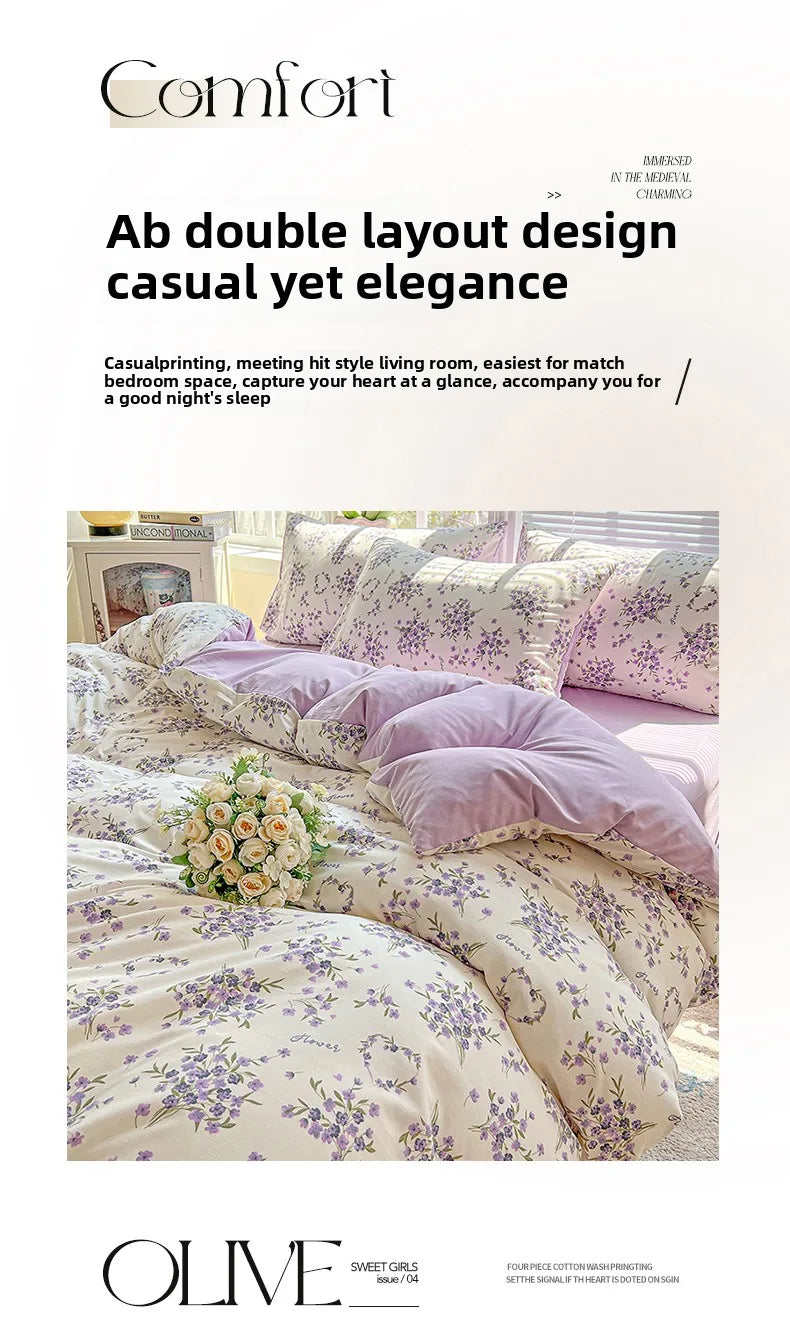 Washed Cotton Korean Floral Duvet Cover | Skin-Friendly Double Yarn Quilt Bedding