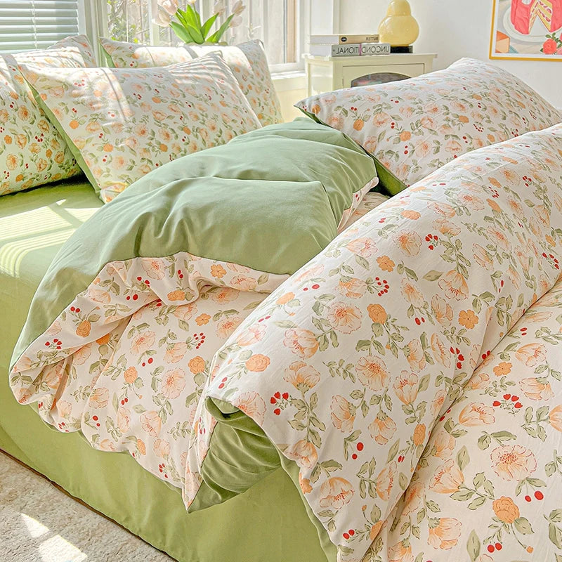 Washed Cotton Korean Floral Duvet Cover | Skin-Friendly Double Yarn Quilt Bedding
