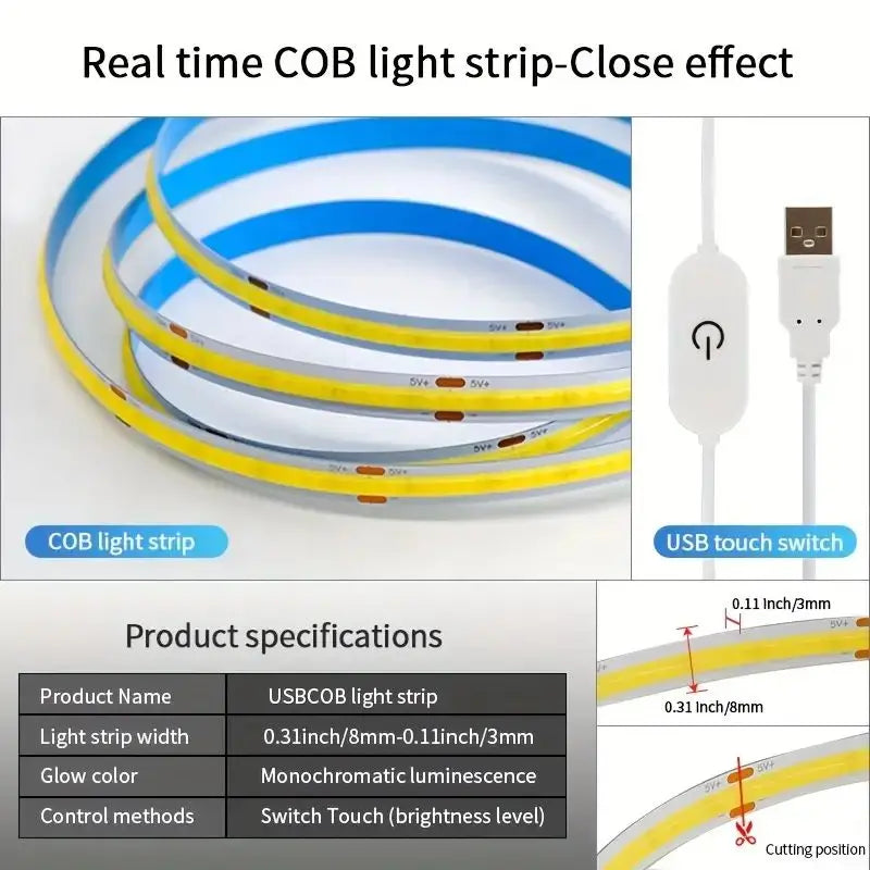 USB LED COB Light Strip with Touch Dimmer | Flexible Indoor TV & Wall Backlight