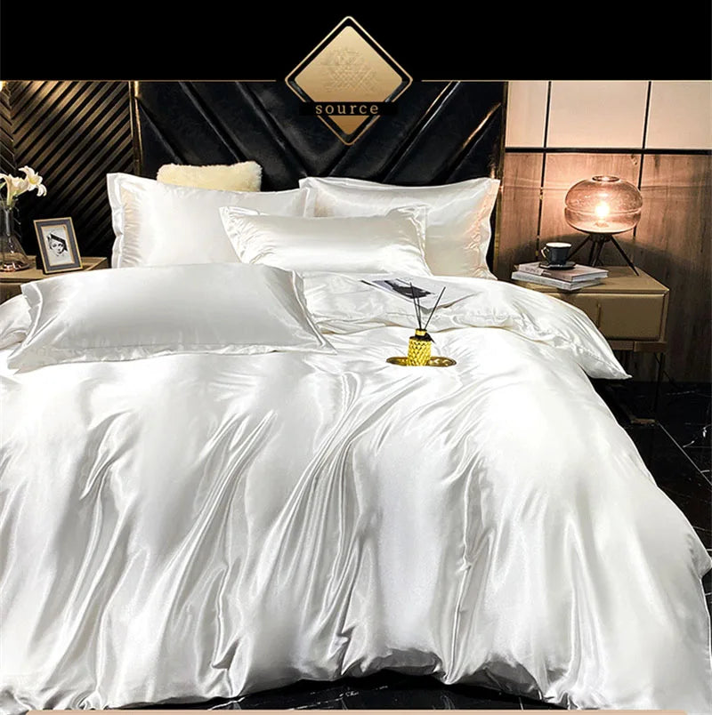 Natural Mulberry Silk Bedding Set | Luxury Satin Duvet Cover & Sheets King Queen