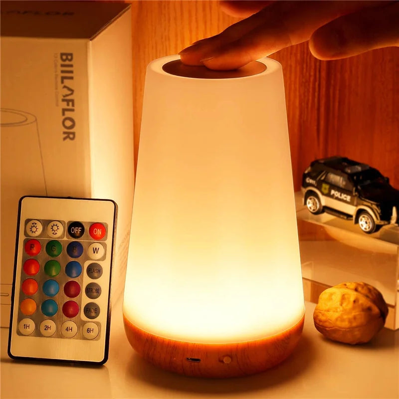 RGB 13-Color LED Night Light | Rechargeable Touch & Remote Dimmable Bedside Lamp