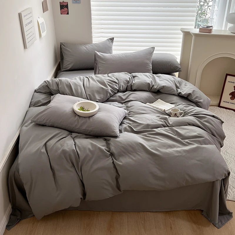 Solid Cotton Bed Linen Bedding Set | Duvet Cover, Sheet & Pillowcase King Queen Twin