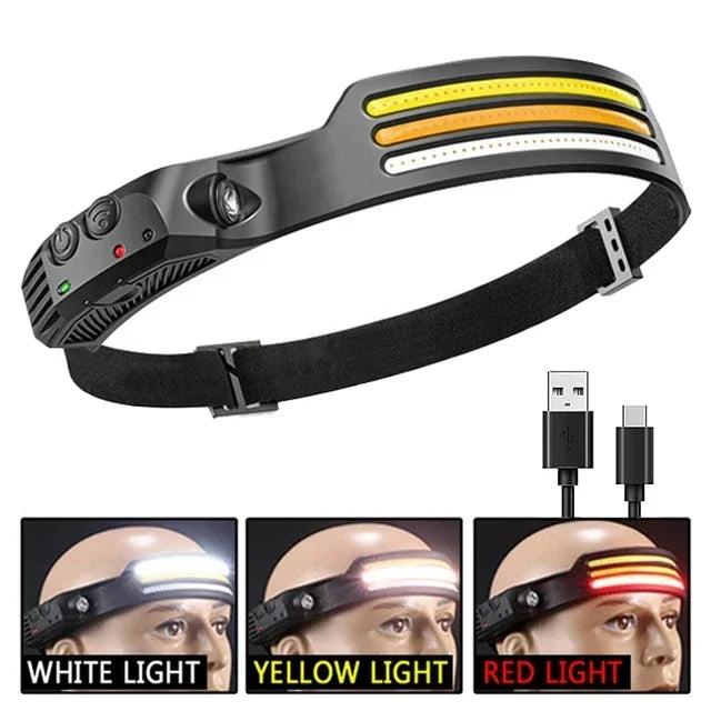 USB Rechargeable LED COB Headlamp | 5-Mode Waterproof Sensor Head Flashlight