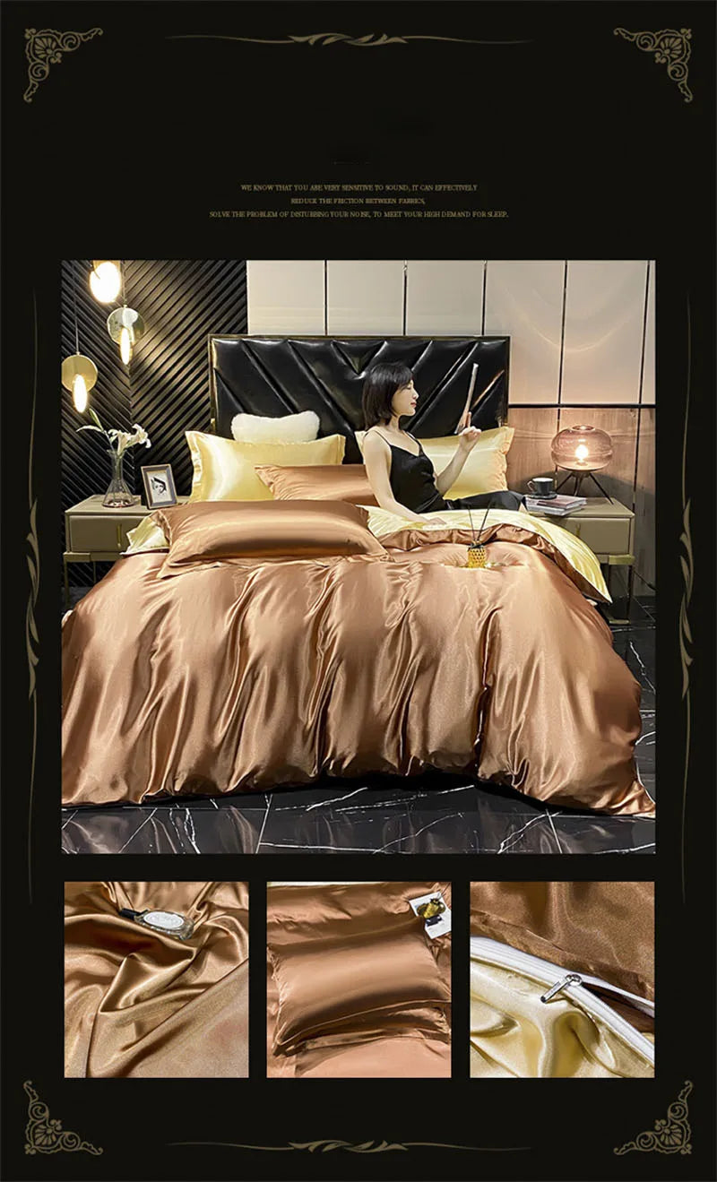 Natural Mulberry Silk Bedding Set | Luxury Satin Duvet Cover & Sheets King Queen