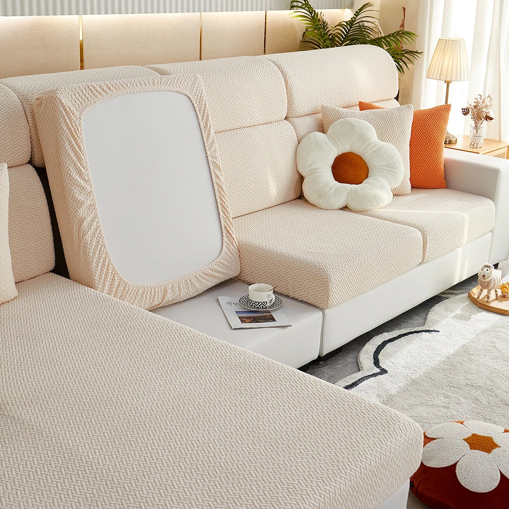 Jacquard Elastic Sofa Slipcover | Twill Pattern Furniture Protector for Living Room