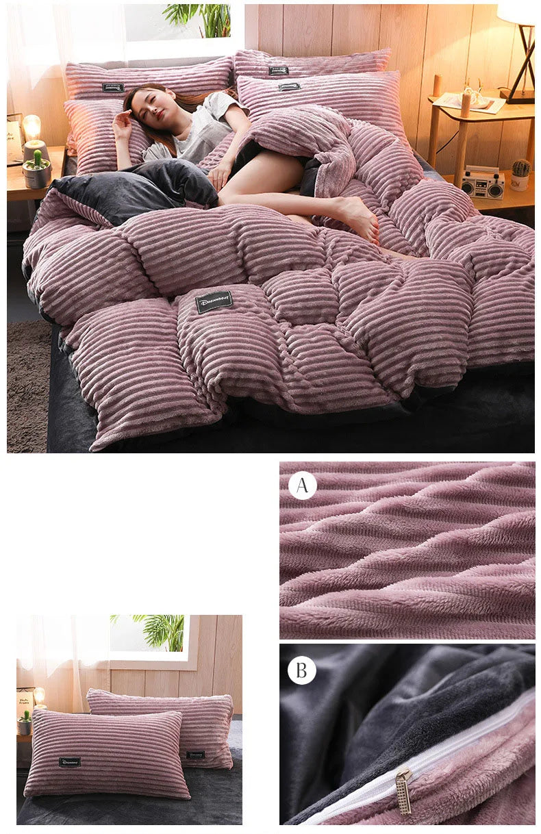 3PCS Winter Coral Fleece Bedding Set | Thick Duvet Cover & Pillowcase King Queen Twin