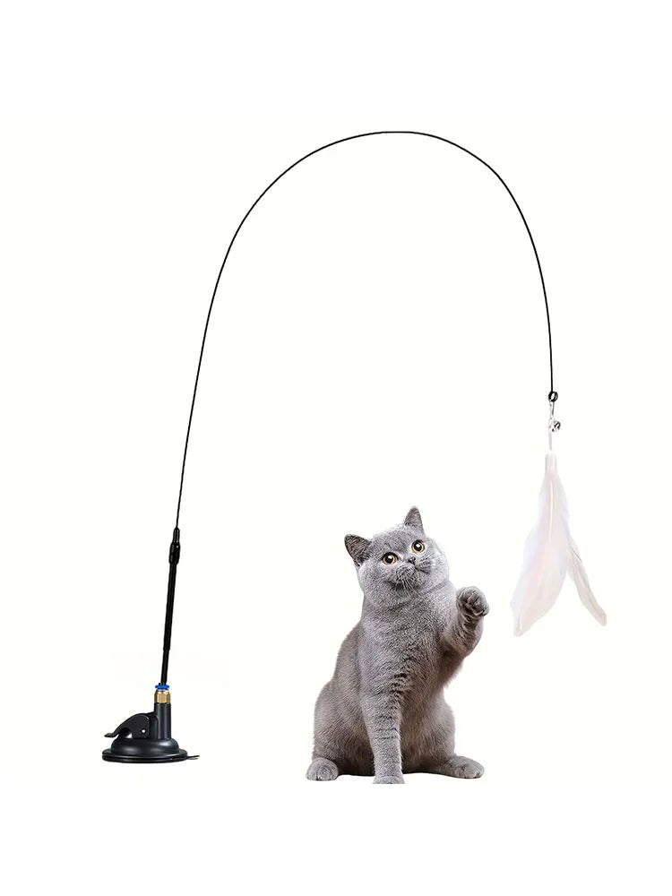 Interactive Cat Feather Wand Teaser | Bell & Suction Cup Pole Toy for Cats