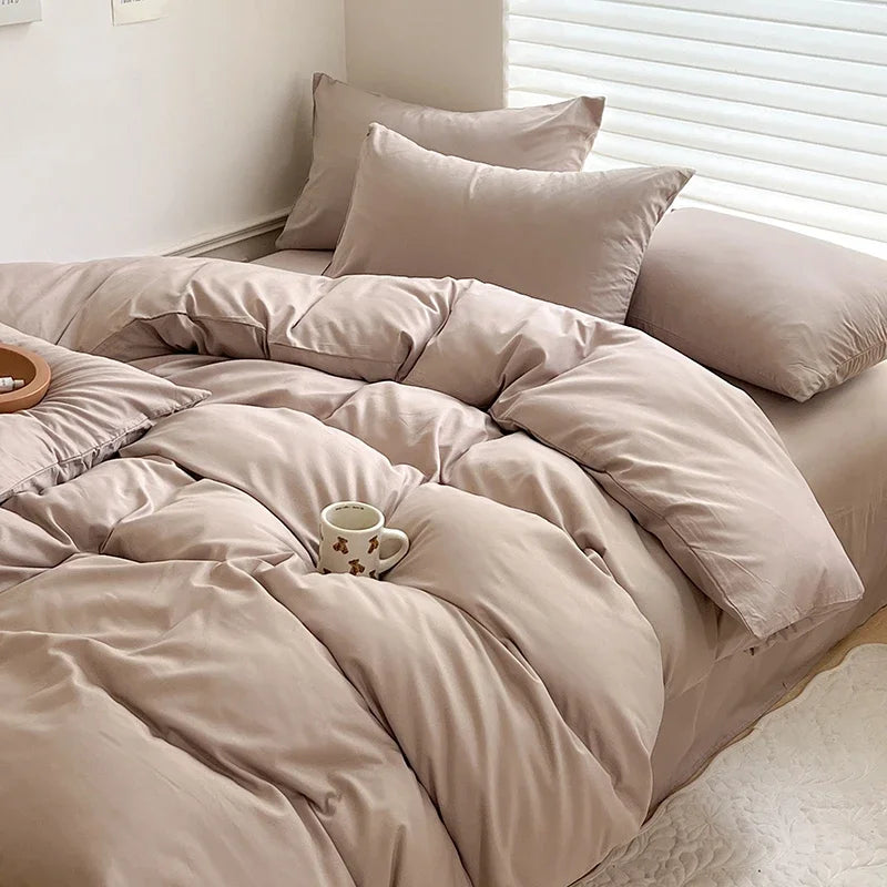 Solid Cotton Bed Linen Bedding Set | Duvet Cover, Sheet & Pillowcase King Queen Twin