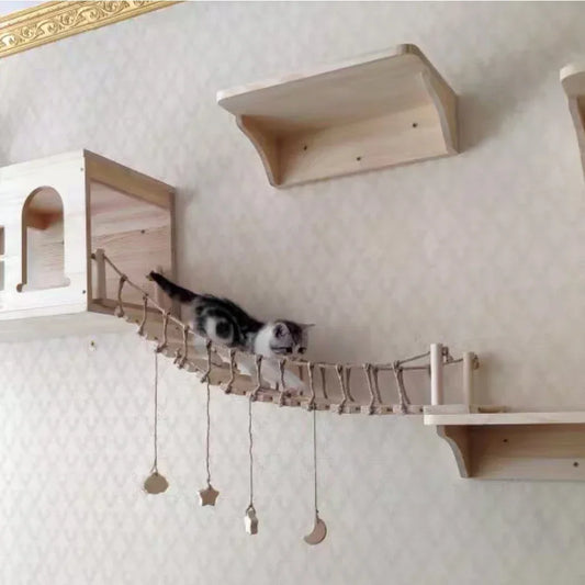 Wall Mounted Wooden Cat Climbing Shelf & Bridge | Safety Net Steps for Cats & Kittens