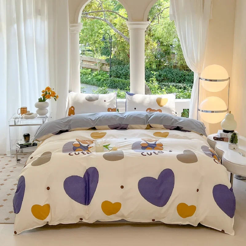 Kawaii Bear Floral Bedding Set | Duvet Cover, Pillowcase & Sheet Full Queen King