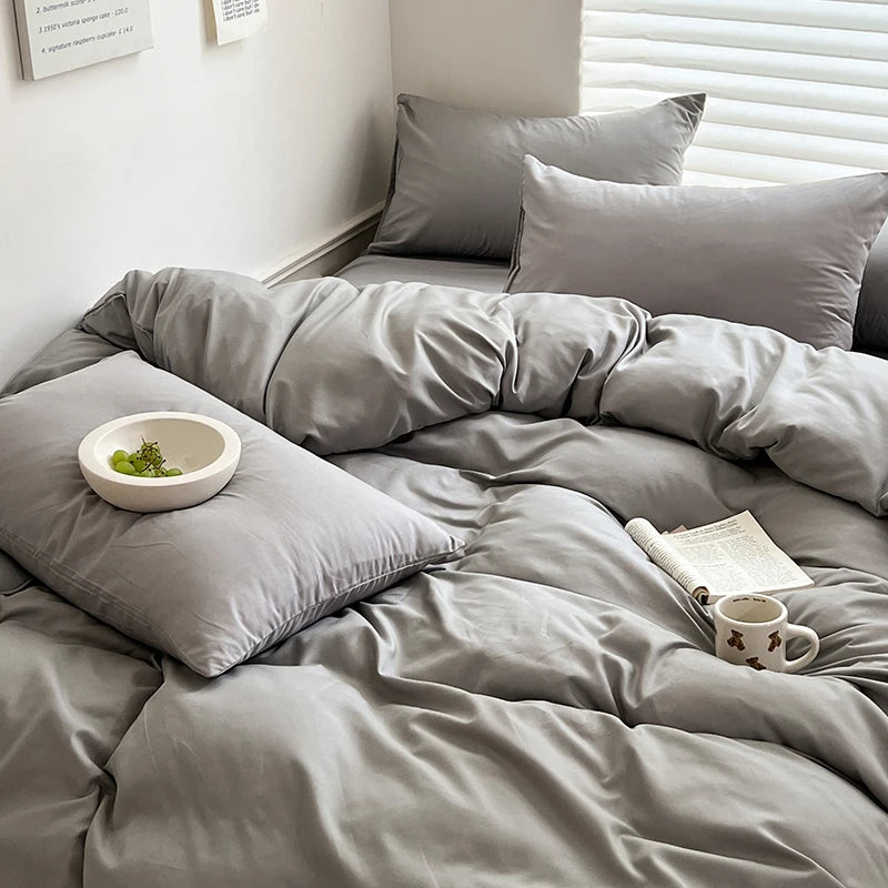Solid Cotton Bed Linen Bedding Set | Duvet Cover, Sheet & Pillowcase King Queen Twin