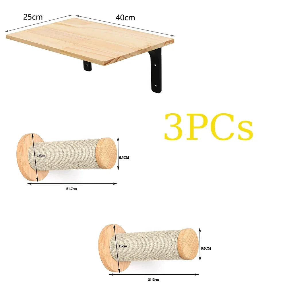 Wall Mounted Wooden Cat Climbing Shelf & Bridge | Safety Net Steps for Cats & Kittens