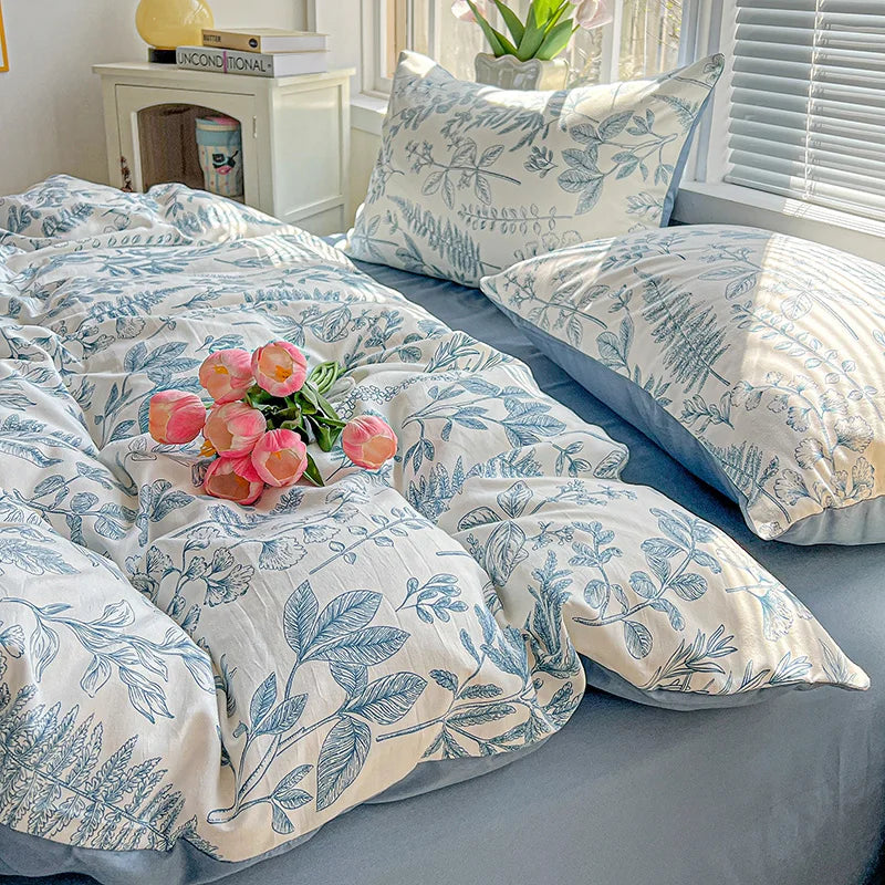 Washed Cotton Korean Floral Duvet Cover | Skin-Friendly Double Yarn Quilt Bedding