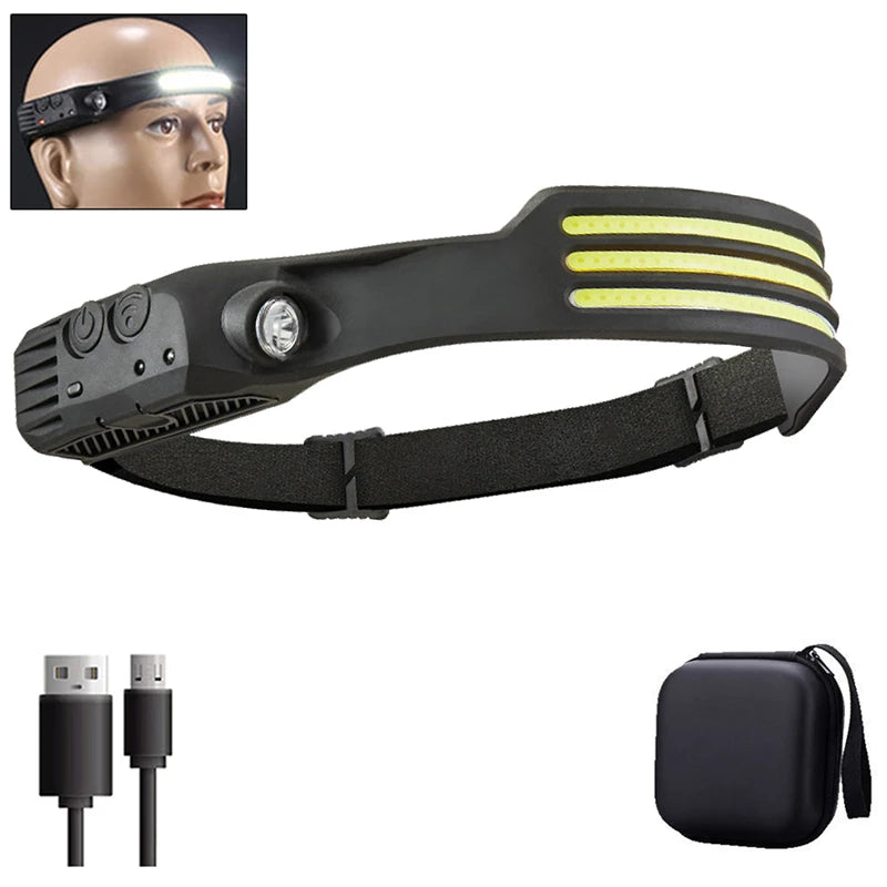 USB Rechargeable LED COB Headlamp | 5-Mode Waterproof Sensor Head Flashlight