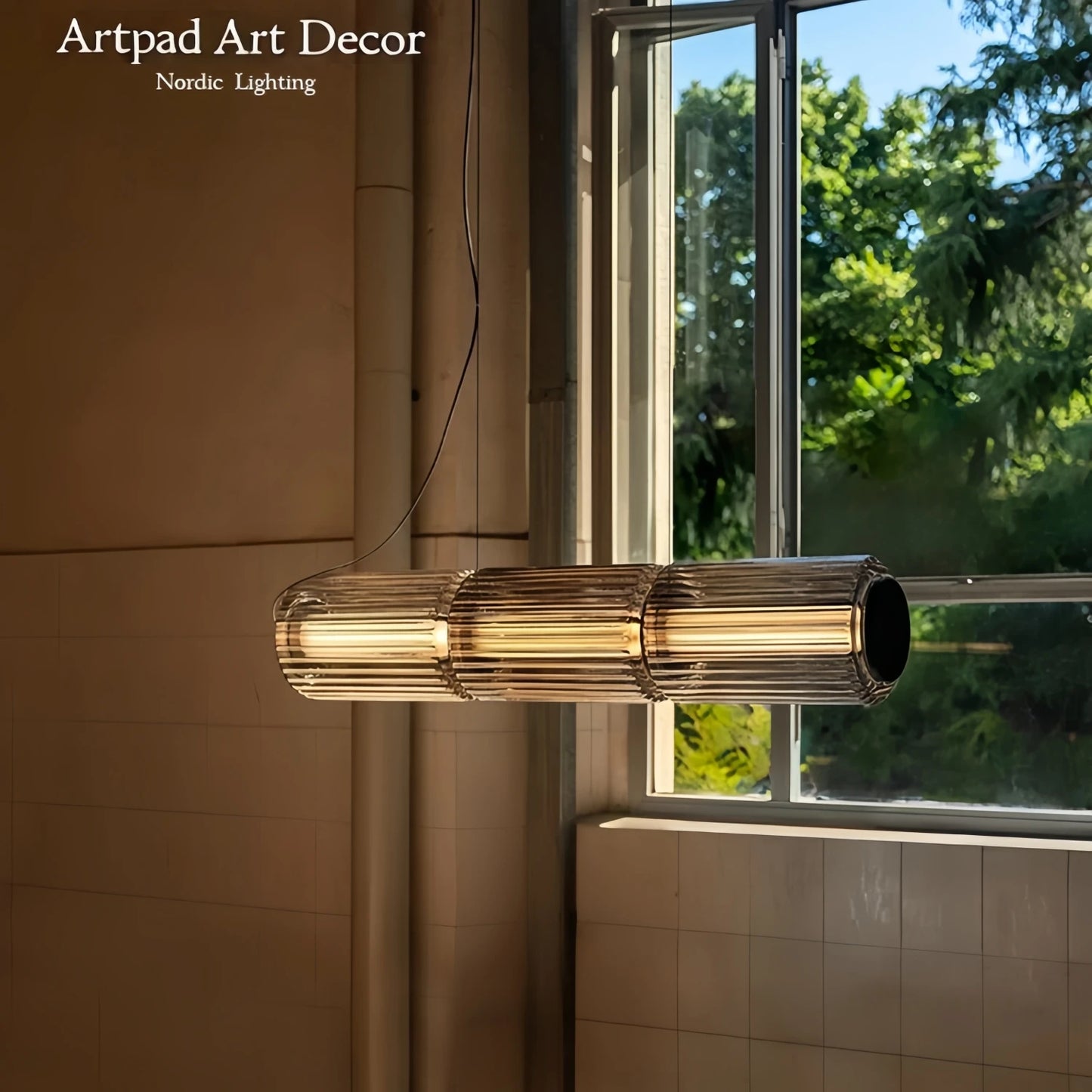 Nordic LED Pendant Light Smoke Gray Glass | Long Stripe Hanging Lamp for Dining Room