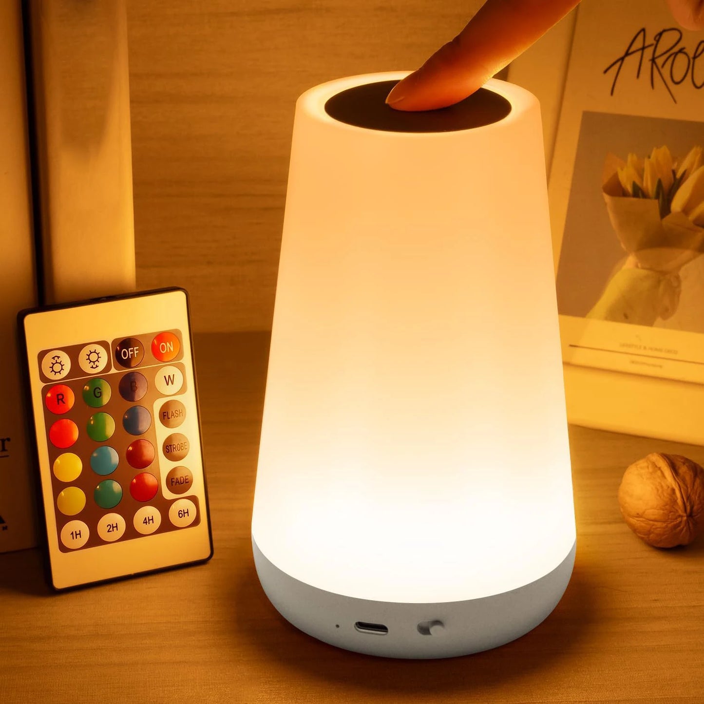 RGB 13-Color LED Night Light | Rechargeable Touch & Remote Dimmable Bedside Lamp