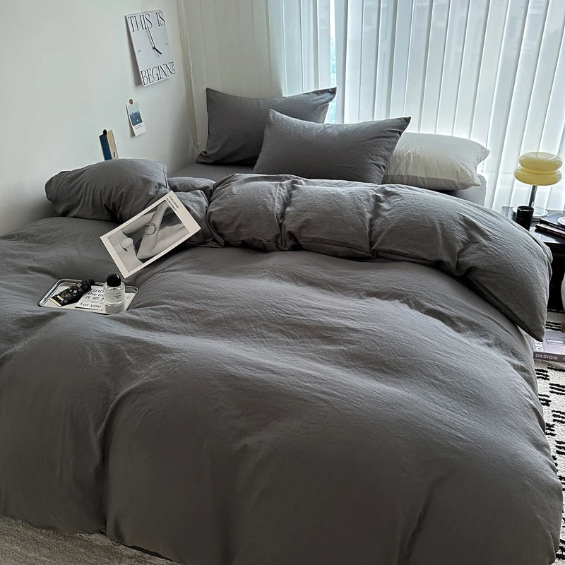 Solid Cotton Bed Linen Bedding Set | Duvet Cover, Sheet & Pillowcase King Queen Twin