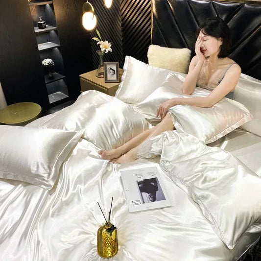 Natural Mulberry Silk Bedding Set | Luxury Satin Duvet Cover & Sheets King Queen