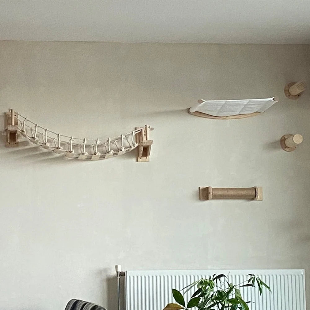 Wall Mounted Wooden Cat Tree Climbing Shelf | Sisal Rope Claw Grinding Indoor Furniture