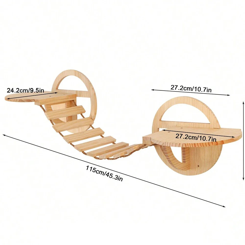 Wall Mounted Wooden Cat Climbing Shelf & Bridge | Safety Net Steps for Cats & Kittens