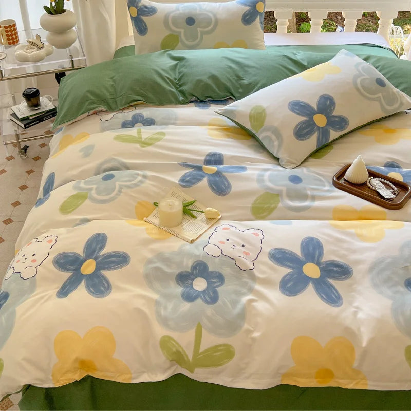 Kawaii Bear Floral Bedding Set | Duvet Cover, Pillowcase & Sheet Full Queen King