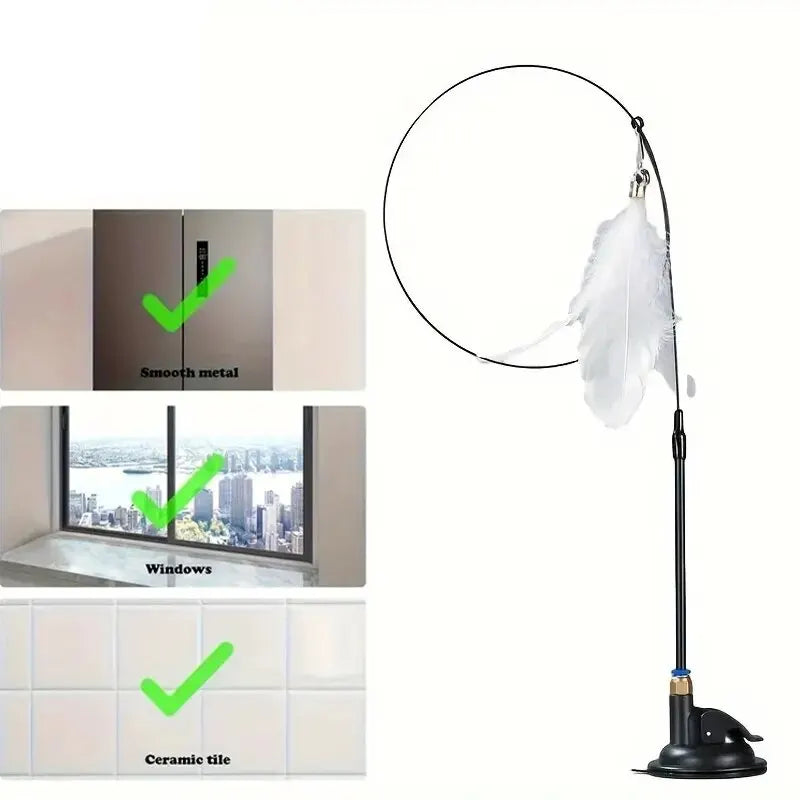 Interactive Cat Feather Wand Teaser | Bell & Suction Cup Pole Toy for Cats