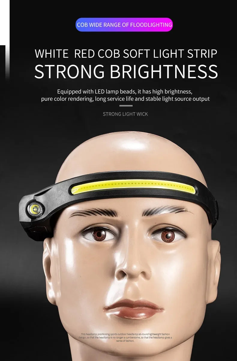 USB Rechargeable LED COB Headlamp | 5-Mode Waterproof Sensor Head Flashlight