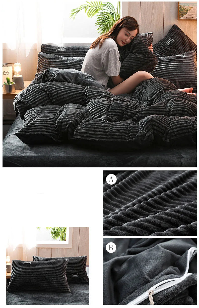 3PCS Winter Coral Fleece Bedding Set | Thick Duvet Cover & Pillowcase King Queen Twin