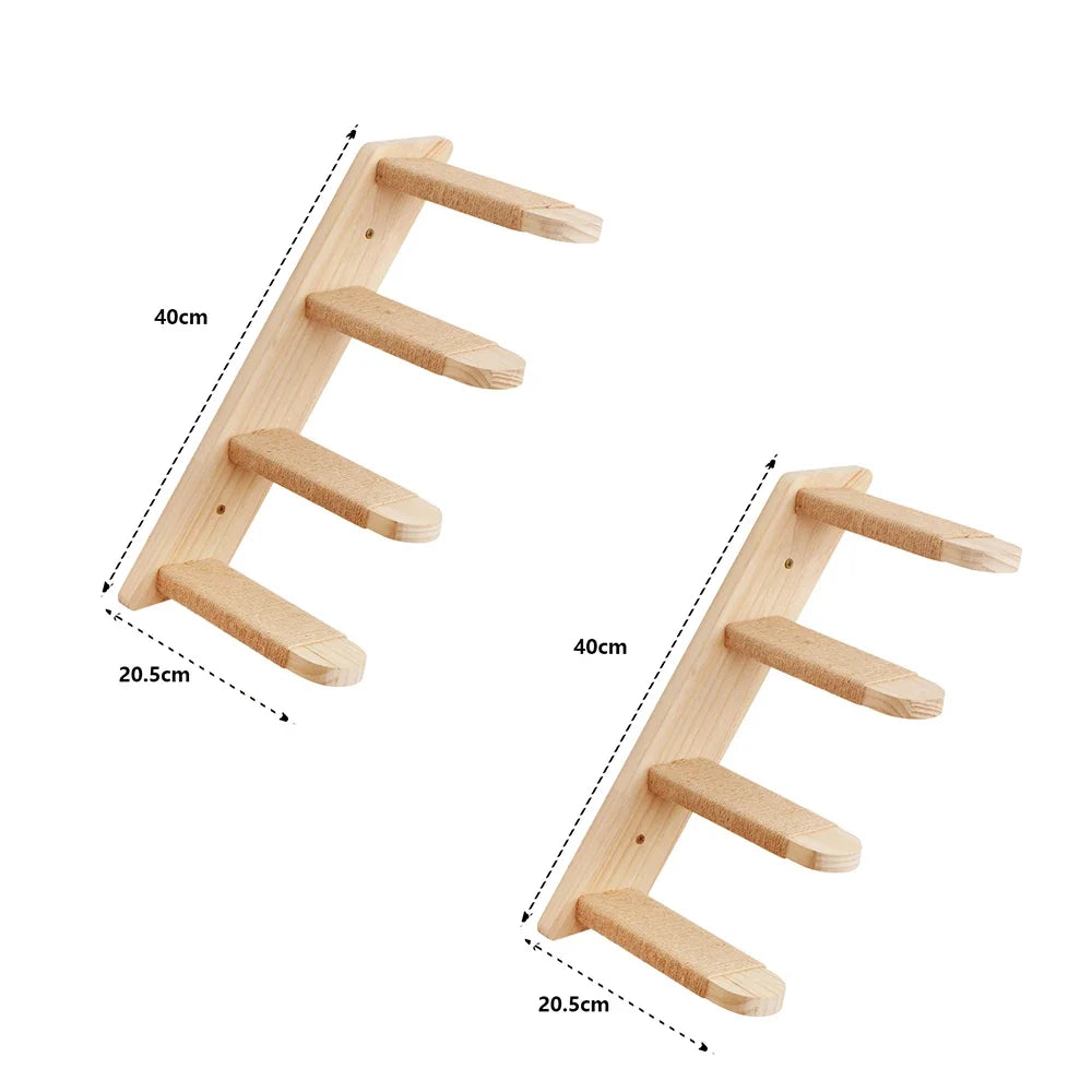 Wall Mounted Wooden Cat Climbing Shelf & Bridge | Safety Net Steps for Cats & Kittens