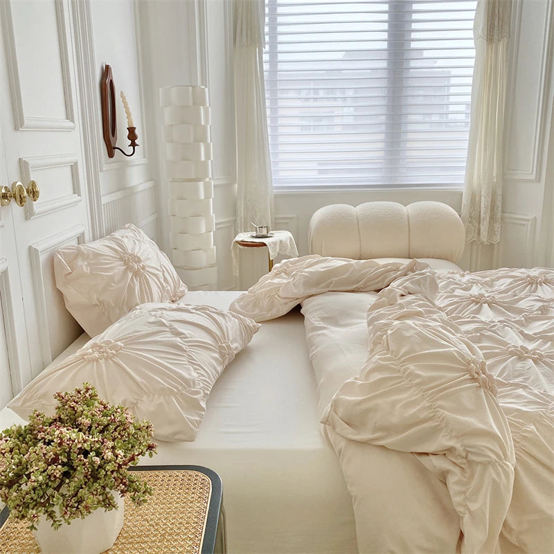 3D Twist Flower Pinch Pleated Bedding Set | Luxury Duvet Cover Queen & Double Size