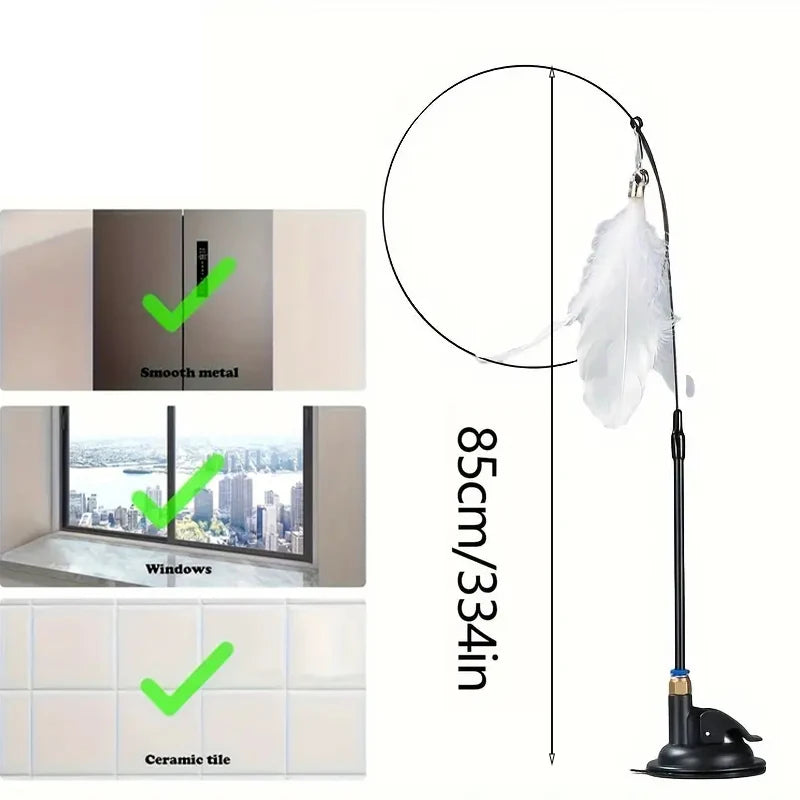 Interactive Cat Feather Wand Teaser | Bell & Suction Cup Pole Toy for Cats