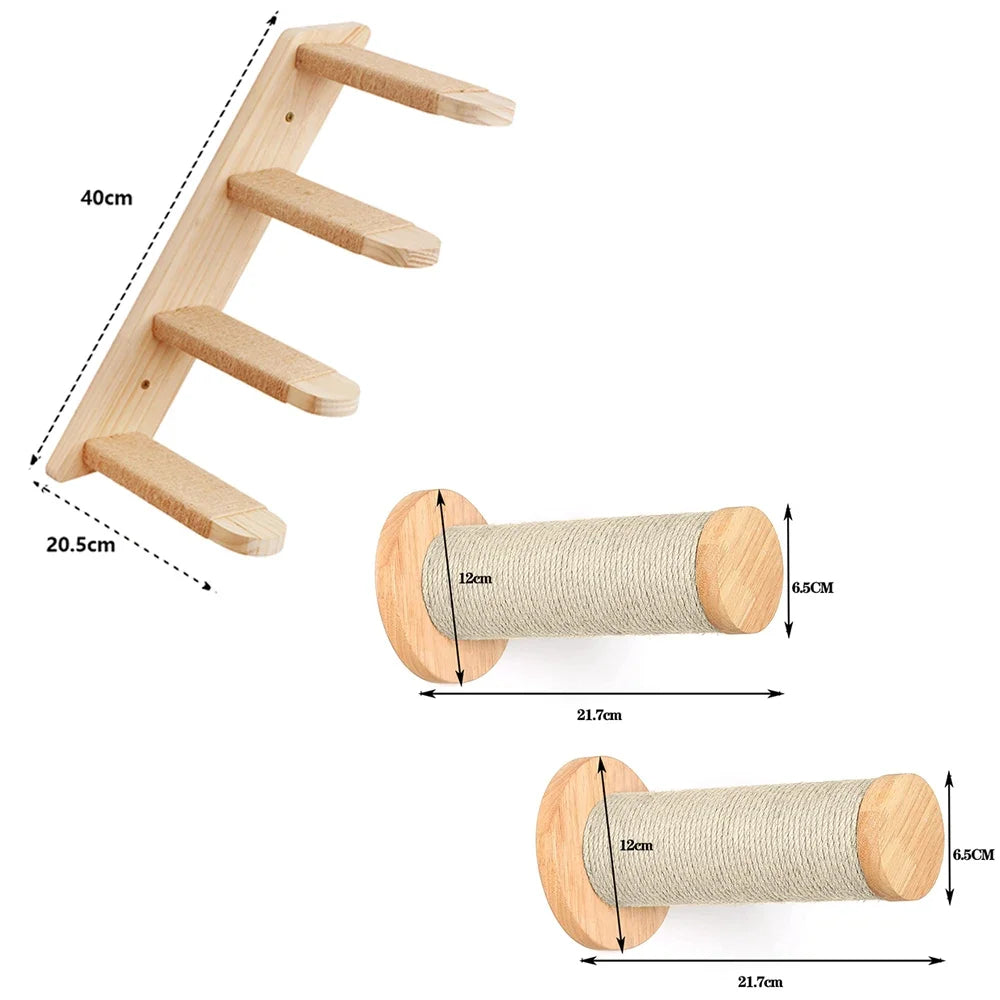 Wall Mounted Wooden Cat Climbing Shelf & Bridge | Safety Net Steps for Cats & Kittens