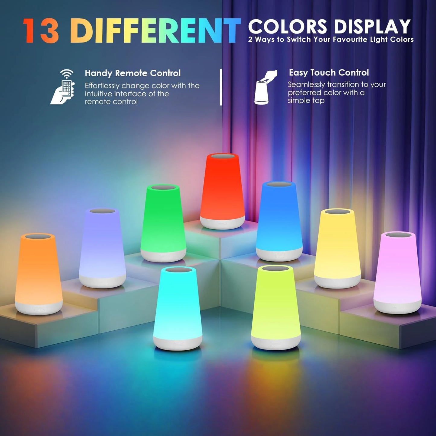 RGB 13-Color LED Night Light | Rechargeable Touch & Remote Dimmable Bedside Lamp