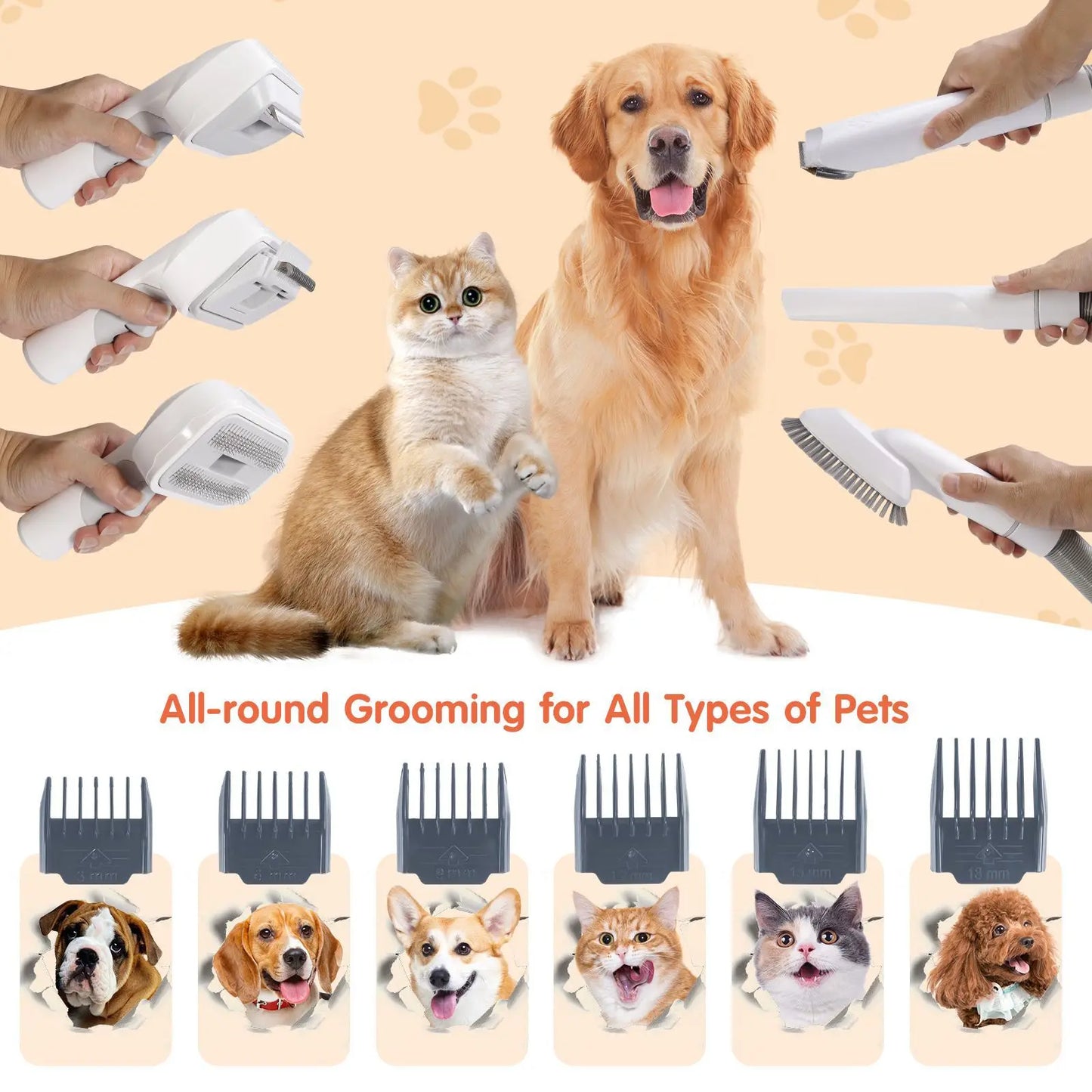 Pet Grooming Kit & Vacuum Clipper | 6-Size Guide Combs for Cats
