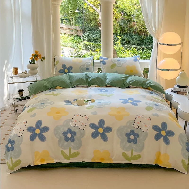 Kawaii Bear Floral Bedding Set | Duvet Cover, Pillowcase & Sheet Full Queen King