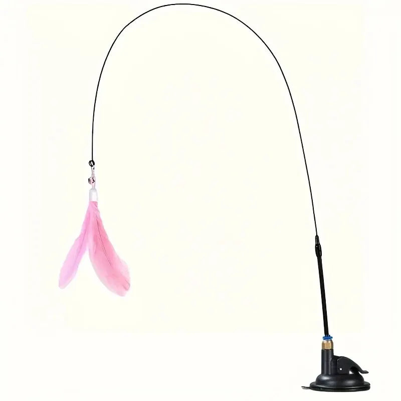 Interactive Cat Feather Wand Teaser | Bell & Suction Cup Pole Toy for Cats