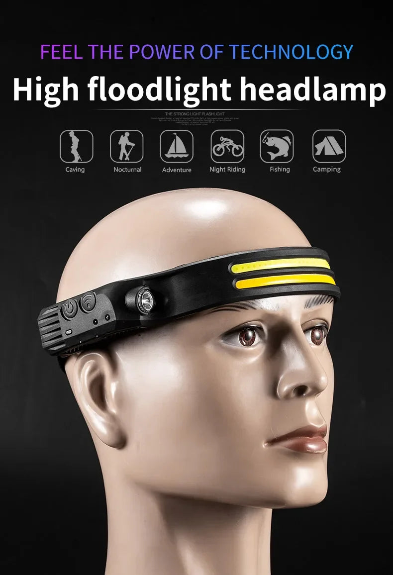 USB Rechargeable LED COB Headlamp | 5-Mode Waterproof Sensor Head Flashlight