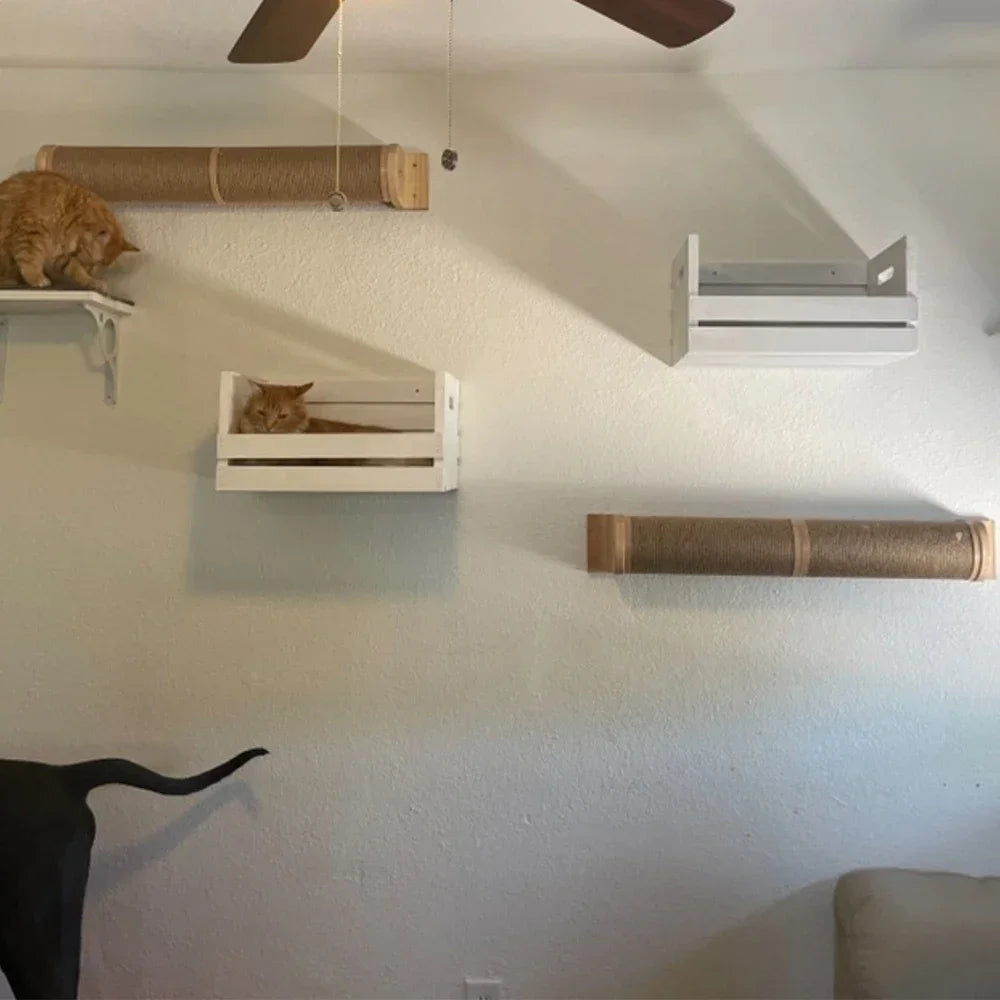 Wall Mounted Wooden Cat Climbing Shelf & Bridge | Safety Net Steps for Cats & Kittens