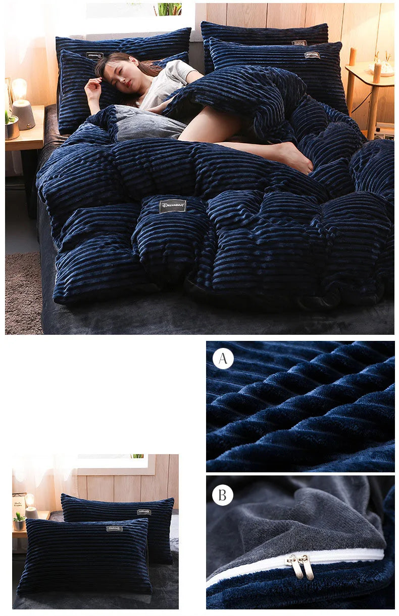 3PCS Winter Coral Fleece Bedding Set | Thick Duvet Cover & Pillowcase King Queen Twin