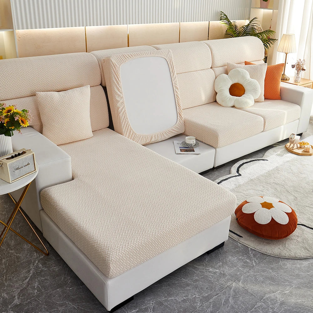 Jacquard Elastic Sofa Slipcover | Twill Pattern Furniture Protector for Living Room