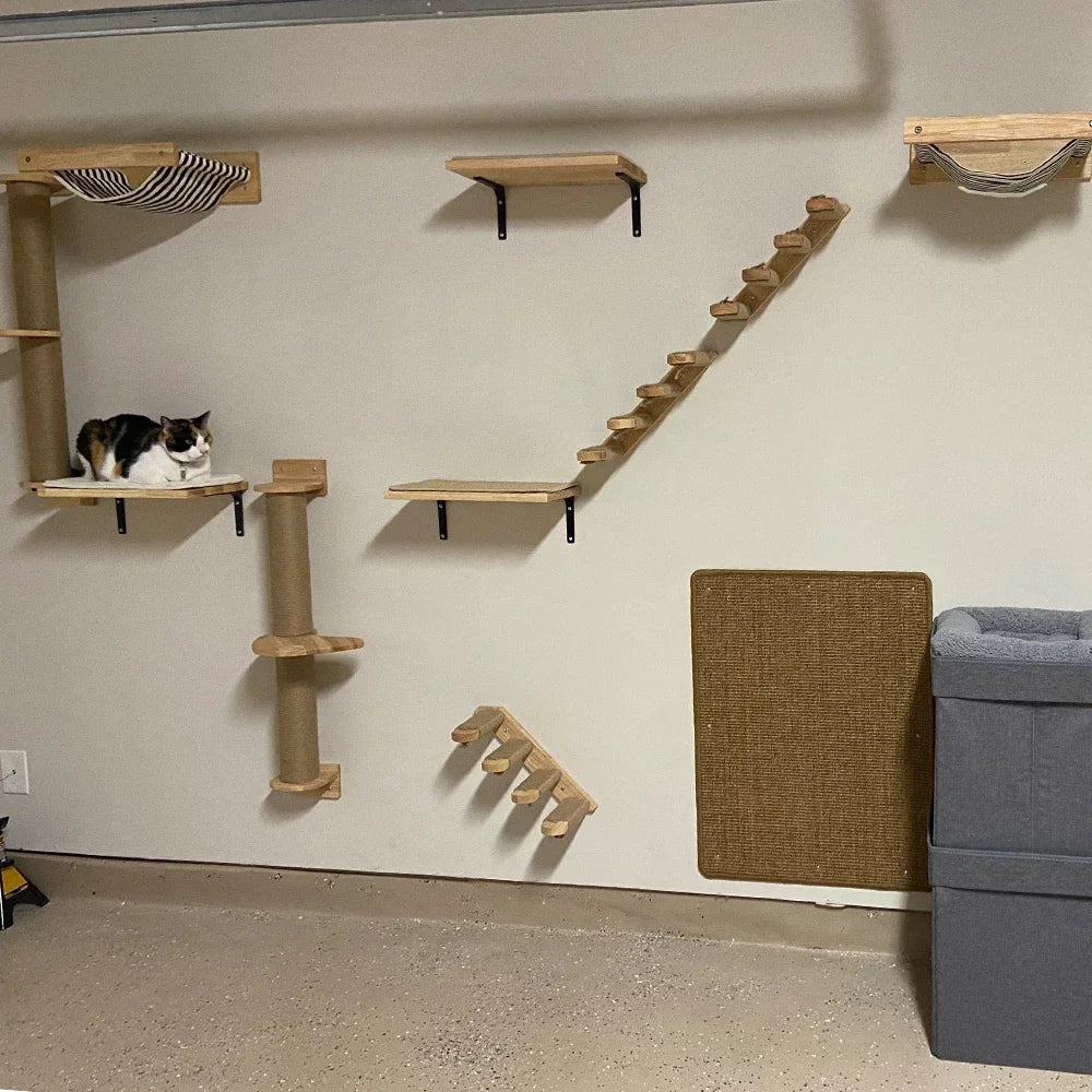 Wall Mounted Wooden Cat Climbing Shelf & Bridge | Safety Net Steps for Cats & Kittens
