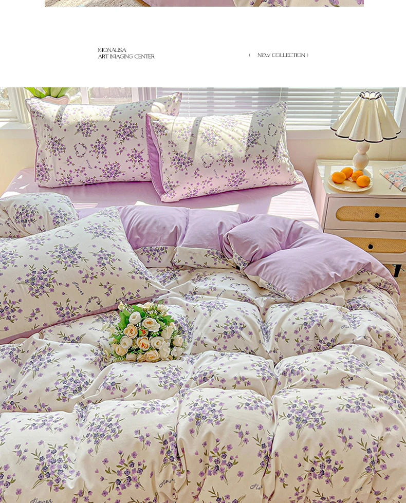 Washed Cotton Korean Floral Duvet Cover | Skin-Friendly Double Yarn Quilt Bedding