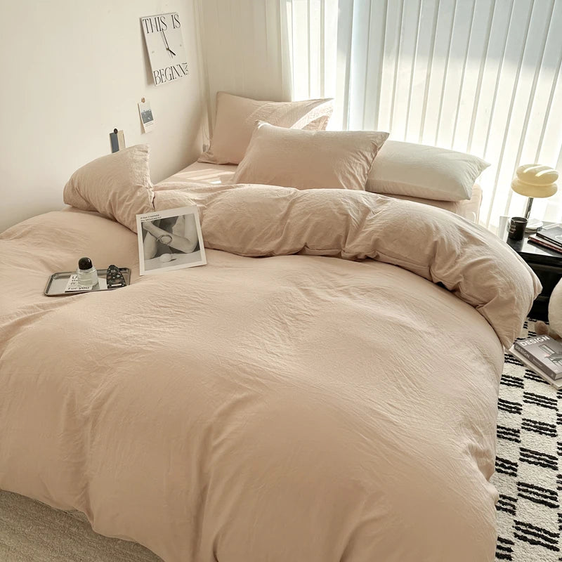 Solid Cotton Bed Linen Bedding Set | Duvet Cover, Sheet & Pillowcase King Queen Twin